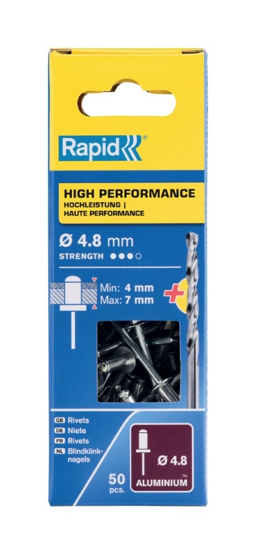 Afbeeldingen van Rapid 4,8x10mm High Performance blindklinknagels 50 st. + boor, Blister
