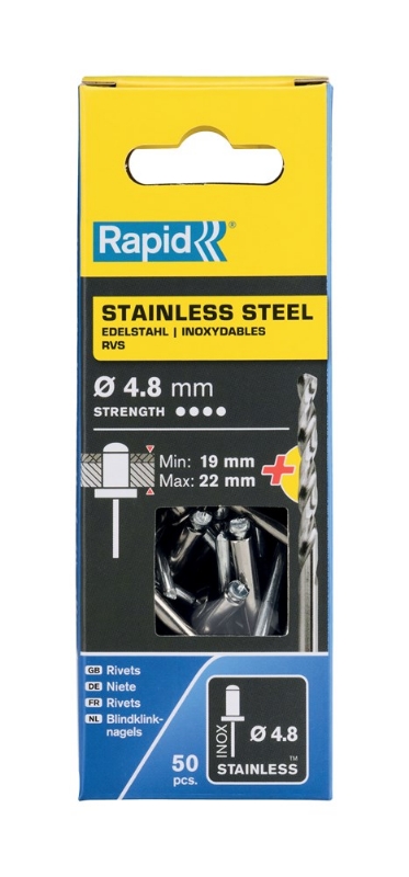 Afbeeldingen van Rapid 4,8x25mm RVS blindklinknagels 50 st. + boor, Blister