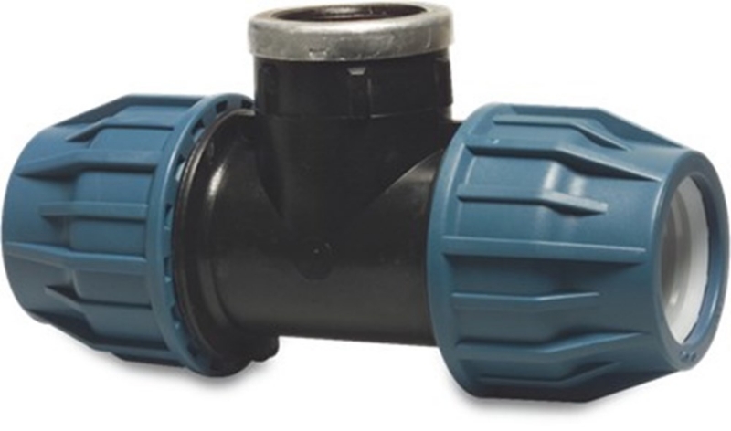 Afbeeldingen van Jason T-stuk 90° PP 32 mm x 3/4" x 32 mm knel x binnendraad x knel 16bar zwart/blauw DVGW/KIWA/WRAS