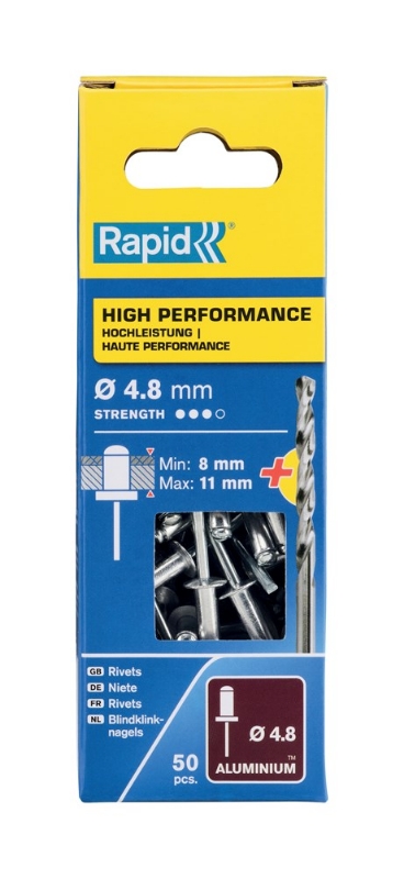 Afbeeldingen van Rapid 4,8x14mm High Performance blindklinknagels 50 st. + boor, Blister