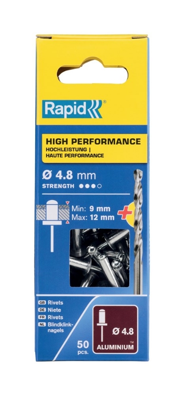 Afbeeldingen van Rapid 4,8x16mm High Performance blindklinknagels 50 st. + boor, Blister