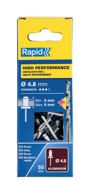 Afbeeldingen van Rapid 4,8x12mm High Performance blindklinknagels 50 st. + boor, Blister