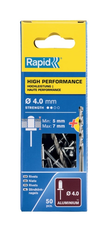 Afbeeldingen van Rapid Blindklinknagels High Performance Ø 4 x 10 mm incl. Boor 50 st., Box